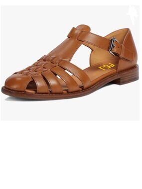 FSJ Caramel Closed Toe Low Block Heel Woven Roman Ankle Strap Caged Sandals